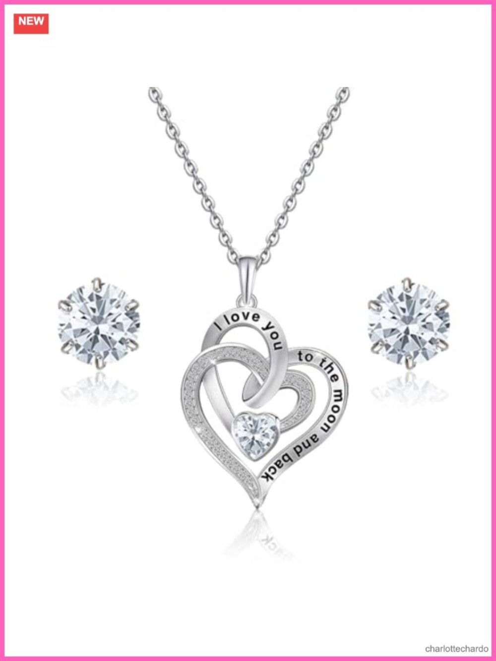 Double Heart Necklace Earrings Set Stainless Steel Women Jewelry Gift